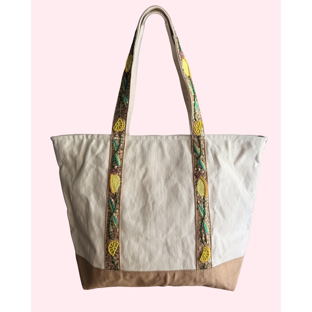 America & Beyond Beaded Lemon Canvas Tote Bag Cream Tan NWT